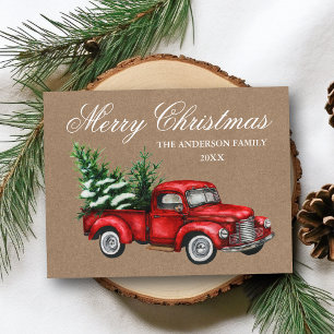 Carte Postale Aquarelle Vintage Camion rouge Kraft Joyeux Noël