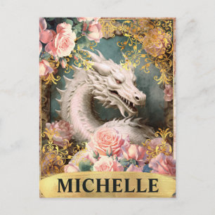 Carte Postale Aquarelle Vintage Dragon blanc et Roses roses rose
