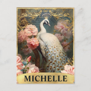 Carte Postale Aquarelle Vintage Peacock blanc et Roses roses ros