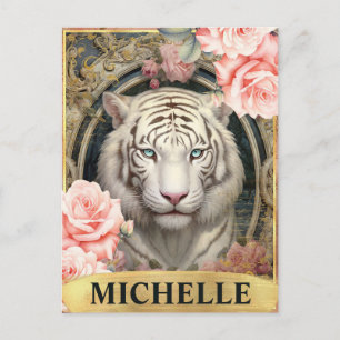Carte Postale Aquarelle Vintage Tigre Blanc et Roses Roses