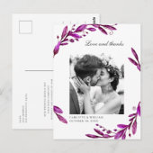 Carte Postale Aquarelle violet fleurs mariage photo merci (Devant / Derrière)