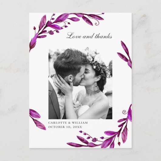 Carte Postale Aquarelle violet fleurs mariage photo merci (Devant)