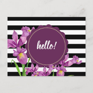 Carte Postale Aquarelle violet Iris Floral Noir Blancs