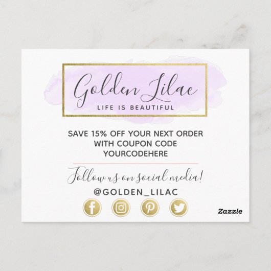 Carte Postale Aquarelle violet Merci et Geo doré moderne (Dos)