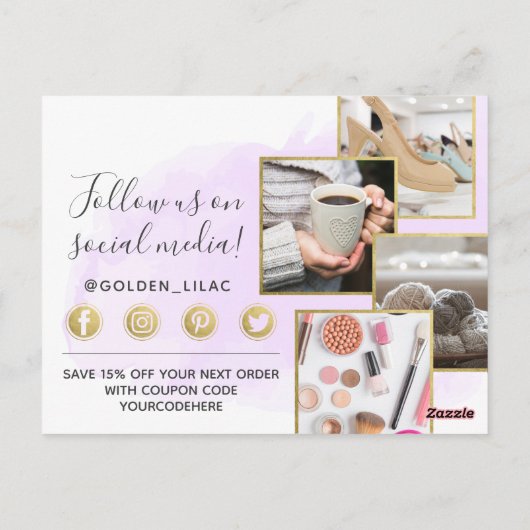 Carte Postale Aquarelle violet Merci et or 4 photos (Dos)