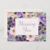 Carte Postale Aquarelle violet rose vif Floral Vous manquant (Devant / Derrière)