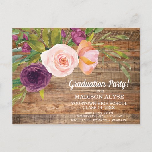 Carte Postale Aquarelle violet rustique Floral Ivory Graduation (Devant)