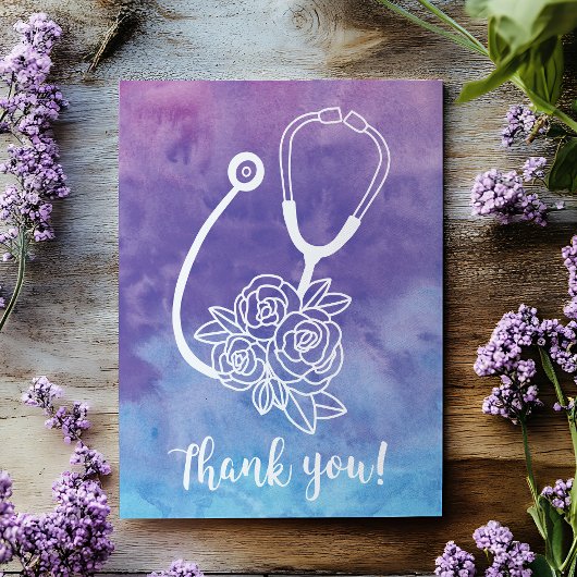 Carte Postale Aquarelle violette Stethoscope Docteur Merci