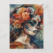 Carte Postale Aquarelle vive Dia de los Muertos Catrina (Devant)