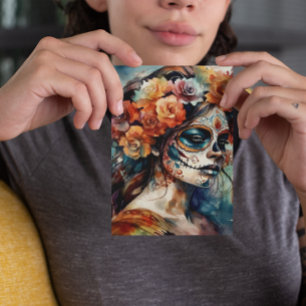 Carte Postale Aquarelle vive Dia de los Muertos Catrina