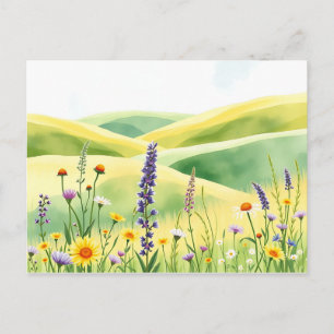Carte Postale Aquarelles Fleurs sauvages et collines de prairie 