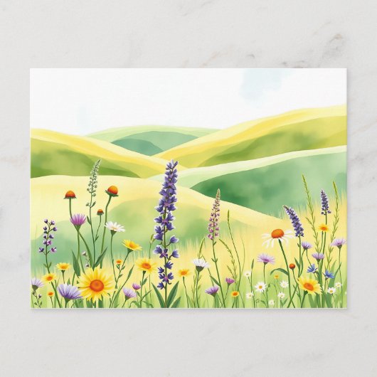 Carte Postale Aquarelles Fleurs sauvages et collines de prairie  (Devant)
