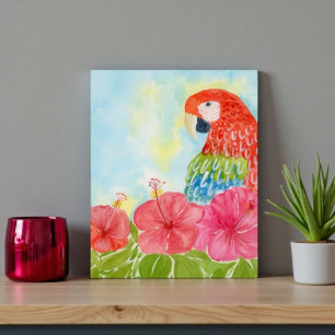 Carte Postale Aras carmin et hibiscus rose