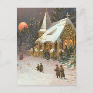 Carte Postale Arbre de l'église sous la neige, la lune et les ét