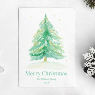 Carte Postale Arbre de Noël à l'aquarelle avec neige dorée