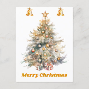 Carte Postale Arbre de Noël aquarelle avec cloches à sonneries,