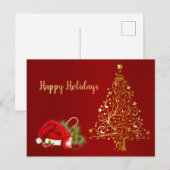Carte Postale Arbre de Noël d'or Fêtes du Père Noël Rouge (Devant / Derrière)