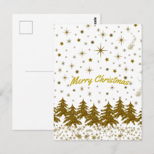 Carte Postale Arbre de Noël doré scintillant, étoiles, neige sur