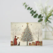 Carte Postale Arbre de Noël du village et un chat (Debout devant)