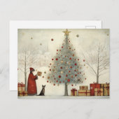 Carte Postale Arbre de Noël du village et un chat (Devant / Derrière)