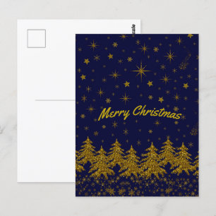 Carte Postale Arbre de Noël en or brillant, étoiles, neige sur b