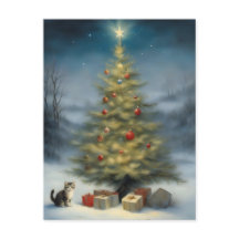 Arbre de Noël extérieur avec chaton et présents