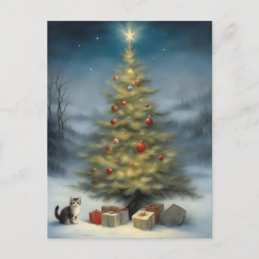 Carte Postale Arbre de Noël extérieur avec chaton et présents (Devant)