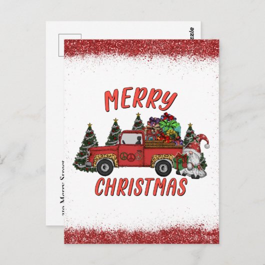 Carte Postale Arbre de Noël Gnome Camion Faux Parties scintillan (Devant / Derrière)