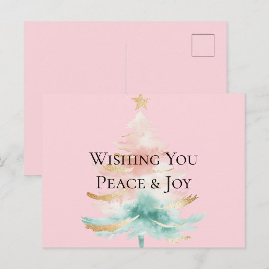 Carte Postale Arbre de Noël Gold Blush Pink Mint Peace Joie (Devant / Derrière)