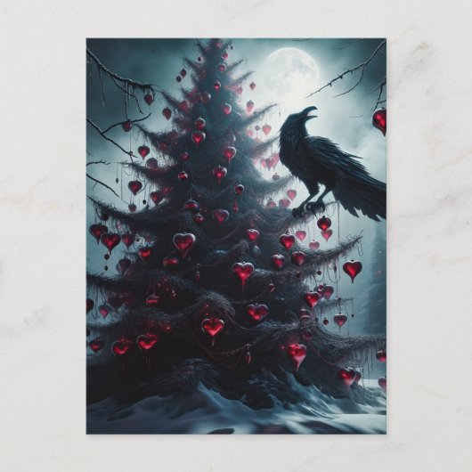 Carte Postale Arbre de Noël gothique avec Coeurs et Corbeau (Devant)