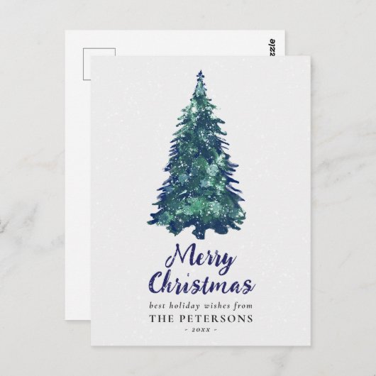 Carte Postale Arbre de Noël moderne Festif Snowy Green (Devant / Derrière)