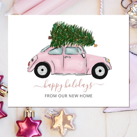 Carte Postale Arbre de Noël rose Car Weve Moved Holiday Moved