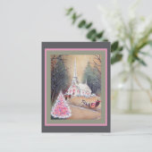 Carte Postale Arbre de Noël rose de l'église blanche (Debout devant)
