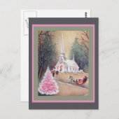Carte Postale Arbre de Noël rose de l'église blanche (Devant / Derrière)