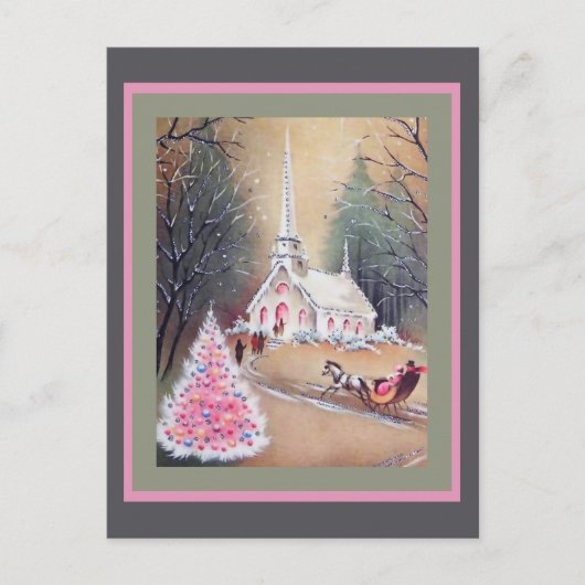 Carte Postale Arbre de Noël rose de l'église blanche (Devant)