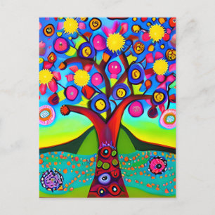 Carte Postale Arbre de style d'art folklorique coloré Pensant