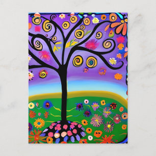 Carte Postale Arbre de style d'art populaire Whimsical   Salut