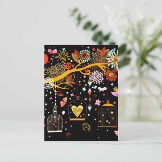 Carte Postale Arbre en fleurs de printemps Oiseau doré en amour (Debout devant)