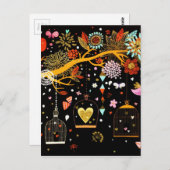 Carte Postale Arbre en fleurs de printemps Oiseau doré en amour (Devant / Derrière)