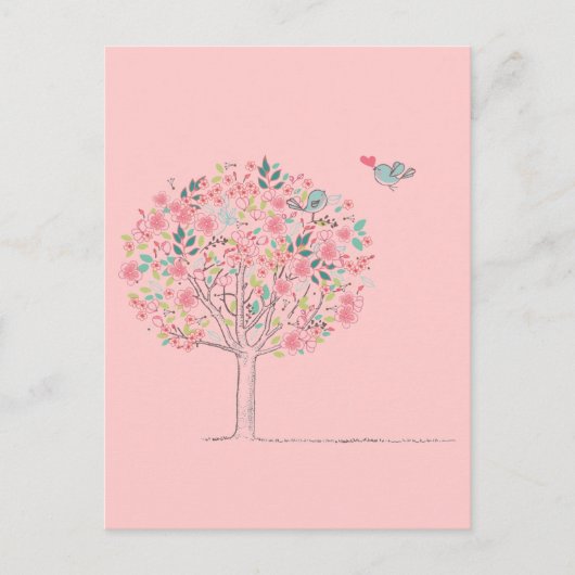 Carte Postale Arbre en fleurs et oiseaux en amour (Devant)