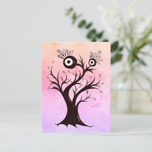 Carte Postale Arbre fou Créature Encre Art Imaginaire rose (Debout devant)
