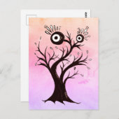 Carte Postale Arbre fou Créature Encre Art Imaginaire rose (Devant / Derrière)