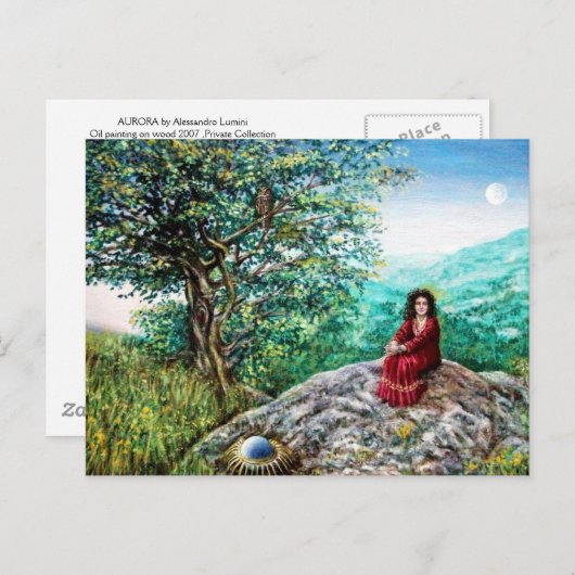 Carte Postale ARBRE MAGIQUE / Aube en bois vert et dame en rouge (Devant / Derrière)