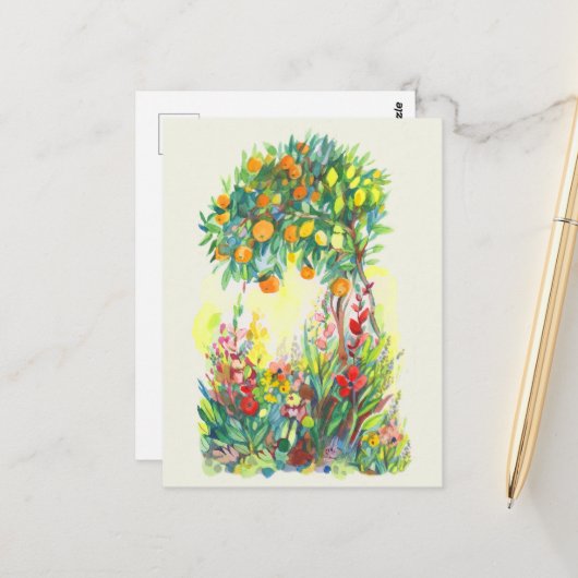 Carte Postale Arbre orange et fleurs aquarelle (Devant/Arrière en situation)