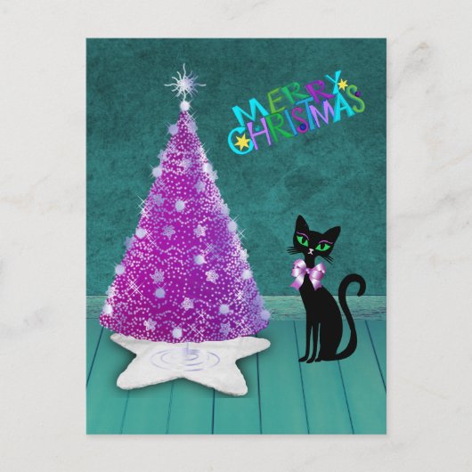 Carte Postale Arbre Rose Argent Noël Chat Noir Atomique Sarcelle (Devant)