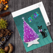 Carte Postale Arbre Rose Argent Noël Chat Noir Atomique Sarcelle