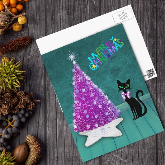 Carte Postale Arbre Rose Argent Noël Chat Noir Atomique Sarcelle