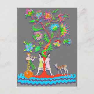 Carte Postale Arbre vibrant coloré avec personnages