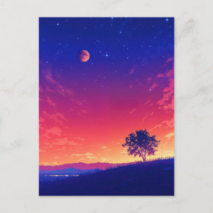 Carte Postale Arbre vibrant du coucher de soleil et Lune de sang