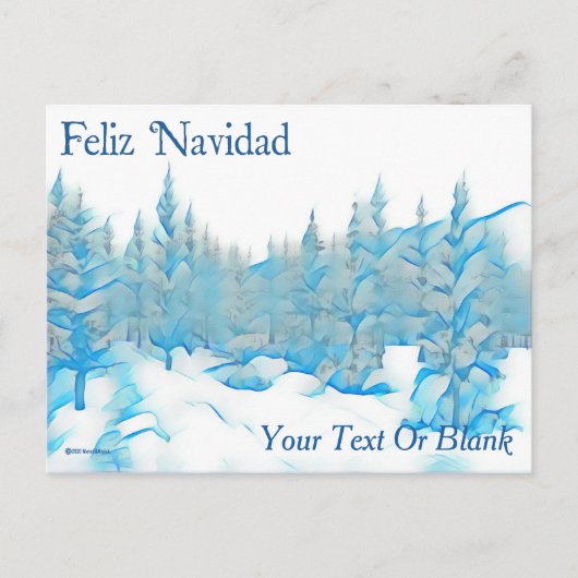 Carte Postale Arbres bleus enneigés - Feliz Navidad (Devant)